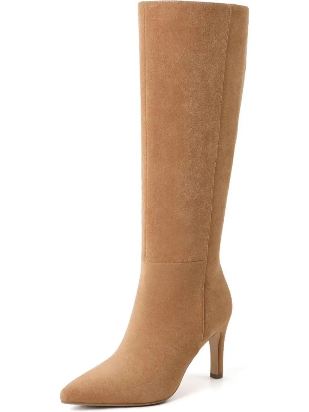Women's Nude Suede Pointed Toe Faux Leather Side Zipper Over The Knee Boots